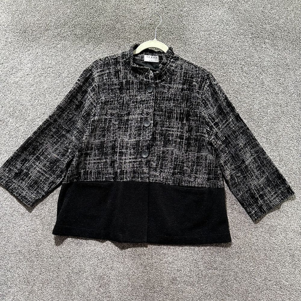 Terra SJ Apparel Blazer Jacket L Black‎ Gray Button Up Mock Neck Office Casual